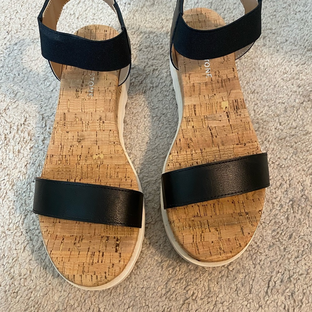 NWOT Black Cork-Platform Sandals with Elastic Ankle Strap - Women